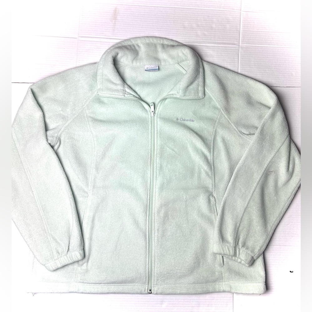 COLUMBIA Womens 2X Mint Green Zipper Pockets Elastic Cuff Fleece Full Zip Jacket